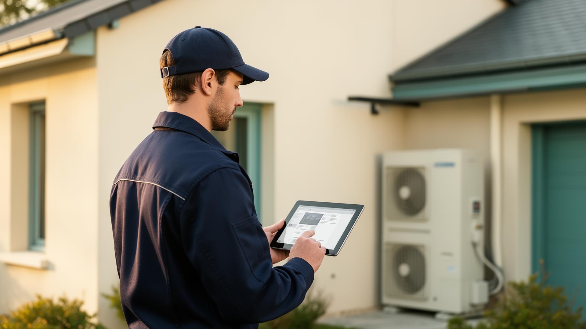 Technicien GME inspectant une pompe à chaleur